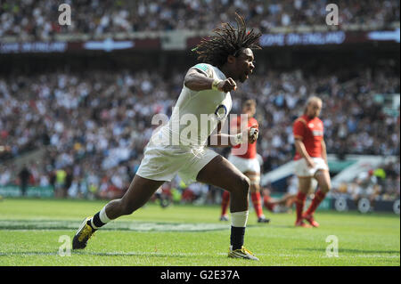 L'Angleterre Marland Yarde célèbre après qu'il va au-dessus de marquer un essai au cours de l'ancienne richesse mutuelle Cup match au stade de Twickenham, Londres. Banque D'Images