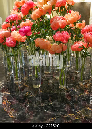 De nombreux vases en forme de cylindre avec une fleur sur chaque table en marbre noir Banque D'Images
