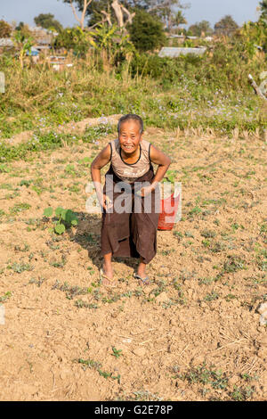 Vieille Femme birmane avec sourire dans les champs, MMandalay, Birmanie, Myanmar, en Asie, en Asie du Sud Banque D'Images