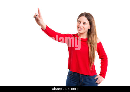 Femme d'affaires l'appui sur la touche, isolé sur fond blanc Banque D'Images