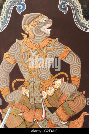 Peinture de divinité Singe Hanuman à Wat Phra Kaew (Temple du Bouddha d'Émeraude), Bangkok, Thaïlande Grand Palace Banque D'Images