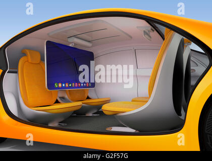 Concept intérieur voiture autonome. Moniteur à monter au plafond de l'aide l'homme d'affaires réunion vidéo lorsqu'ils ont sur la route. Image 3D. Banque D'Images