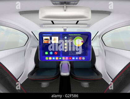 Concept intérieur voiture autonome. Moniteur à monter au plafond de l'aide l'homme d'affaires réunion vidéo lorsqu'ils ont sur la route. Image 3D. Banque D'Images