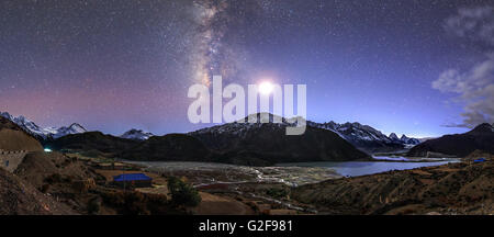 Lorsque le crépuscule du soir s'effaçait à l'obscurité au-dessus du Tibet, cette image panoramique, capturé le ciel étoilé au-dessus d'un glacier Laigu Banque D'Images