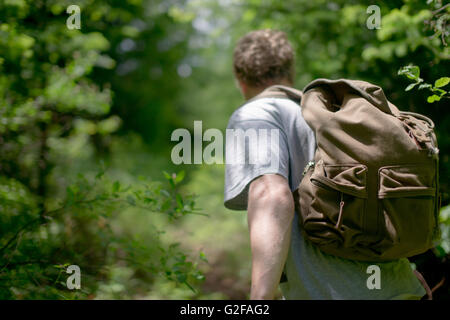 Jeune homme avec sac à dos Randonnée en forêt, vue arrière Banque D'Images