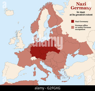 L'Allemagne nazie - Troisième Reich à son apogée en 1942. Carte de l'Europe en seconde guerre mondiale avec les frontières de l'Etat. Banque D'Images