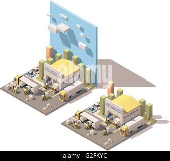 Entrepôt isométrique vecteur icône avec camions chargés par chariots élévateurs Illustration de Vecteur