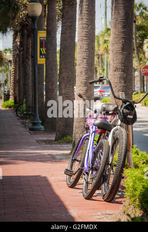 Les vélos garés le long d'une rue bordée de palmiers sur la plage en face du quartier des restaurants à Atlantic Beach, en Floride. (USA) Banque D'Images