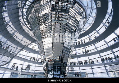 À l'intérieur de la coupole du Reichstag, le bâtiment qui abrite le parlement de l'Allemagne, situé à Berlin. Conçu par l'architecte Sir Banque D'Images