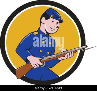 Illustration d'un soldat de l'Armée de l'Union pendant la guerre civile américaine holding fusil à baïonnette fixée à l'intérieur du cercle sur fond isolé fait en style cartoon. Illustration de Vecteur