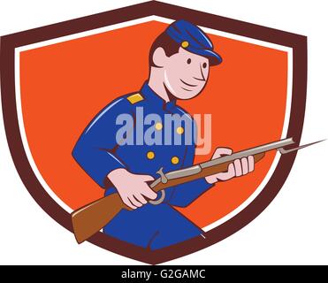 Illustration d'un soldat de l'Armée de l'Union pendant la guerre civile américaine holding fusil à baïonnette fixée à l'intérieur de la crête de l'écran sur fond isolé fait en style cartoon. Illustration de Vecteur