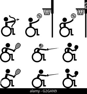 Désactiver les icônes du sport Handicap, tir à l'arc, basket-ball, tennis, tennis de table et d'escrime Illustration de Vecteur