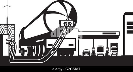 Chargement des camions-citernes de carburant à la station de gaz - vector illustration Illustration de Vecteur