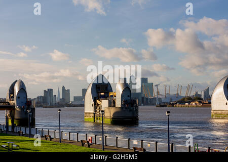 Thames Barrier et toits de Canary Wharf avec le repère d'immeubles de bureaux de l'entreprise Banque D'Images