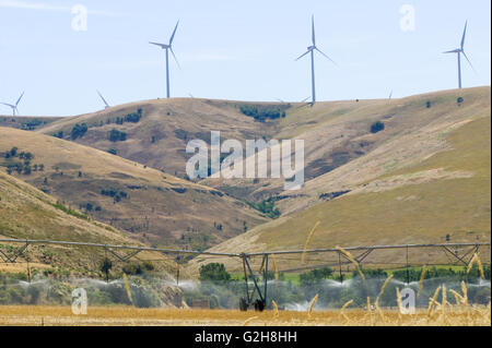 Éoliennes sur haut de la colline, avec système d'irrigation sur le terrain glissant d'arrosage dans l'est du Washington près de Clarkston Banque D'Images