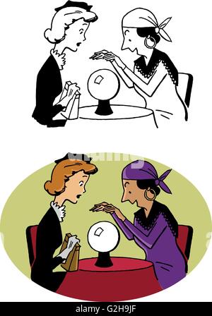 Femme visites une fortune teller avec une boule de cristal Illustration de Vecteur