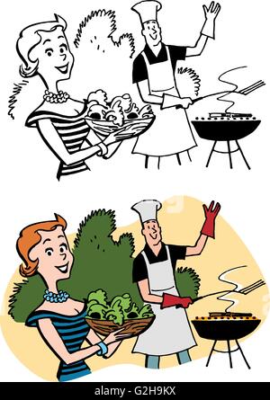 Un couple prépare un repas sur son jardin grill Illustration de Vecteur