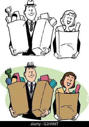 Avec deux ou trois sacs d'épicerie. Illustration de Vecteur