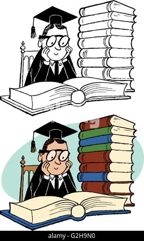 Étudiant étranger avec pile de livres. Illustration de Vecteur