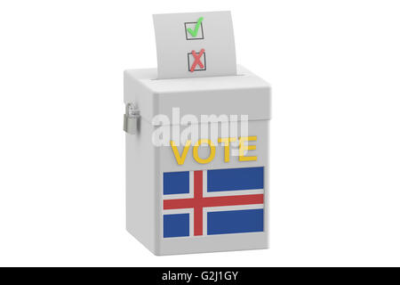 Concept de vote. Boîte de scrutin avec le drapeau de l'Islande sur l'urne, 3D Rendering Banque D'Images