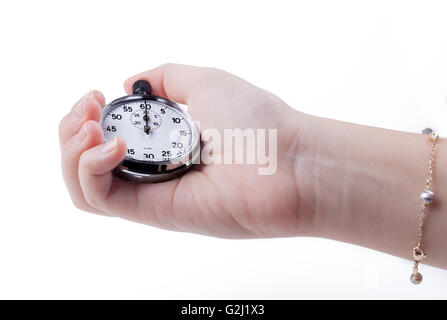 Hand Holding silver color Chronomètre mécanique isolated on white Banque D'Images