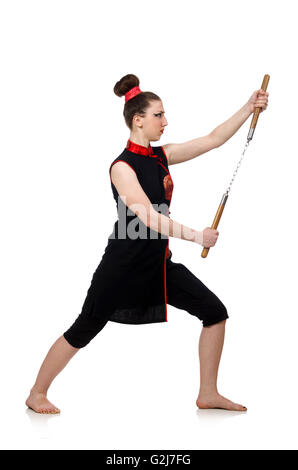 Femme drôle avec nunchucks isolated on white Banque D'Images
