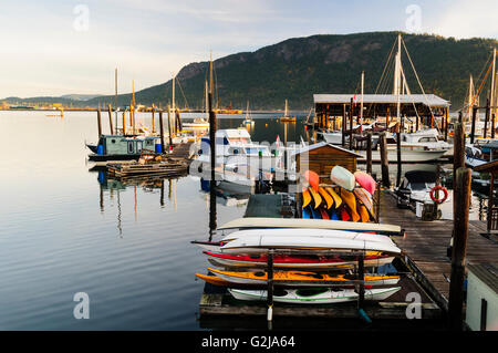 Des kayaks, des bateaux et des maisons flottantes à Cowichan Bay, près de Duncan, en Colombie-Britannique Banque D'Images