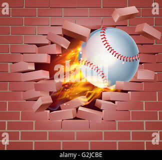 Une illustration d'une balle de baseball en flammes en feu déchirant un trou à travers un mur de brique Banque D'Images