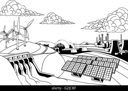 La production d'énergie électrique. De sources renouvelables telles que le barrage hydroélectrique, solaire et éolienne nucléaire aussi et les centrales électriques au charbon Banque D'Images