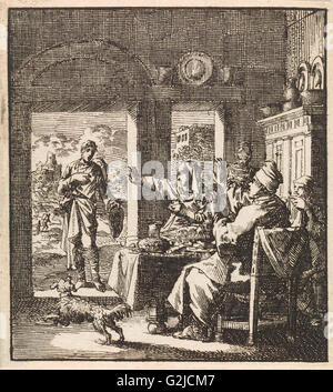 Famille fait des gestes dédaigneux à un pauvre homme qui demande de l'aide, Jan Luyken, mer. Pieter Arentsz, Cornelis van der Sys II, 1711 Banque D'Images