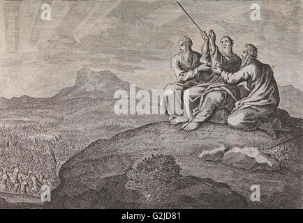 Aaron et Hur les mains de Moïse la béquille au cours de la lutte du peuple d'Israël contre les Amalécites, Jan Luyken, Pieter Mortier Banque D'Images