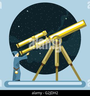 Mag ancienne à la recherche dans un télescope et en pointant avec la main, l'observation d'étoiles, planètes et galaxies. Digital image vectorielle. Illustration de Vecteur