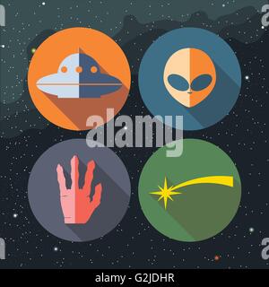 Les objets volants non identifiés icons set avec ship, alien, Main et chemin d'étoiles. Digital image vectorielle. Illustration de Vecteur