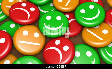 La qualité du service d'affaires commentaires des clients, Évaluation et enquête avec happy smiling face émoticône symbole et icône sur la broche de badges. Banque D'Images