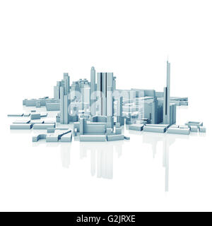 Contemporain abstrait paysage urbain, rendu 3D dans les tons bleus isolé sur fond blanc avec un reflet au sol Banque D'Images