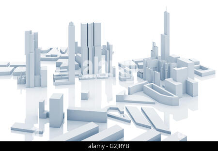 Paysage urbain contemporain abstrait dans les tons bleus, rendu 3d illustration sur fond blanc avec des réflexions sur le fond Banque D'Images