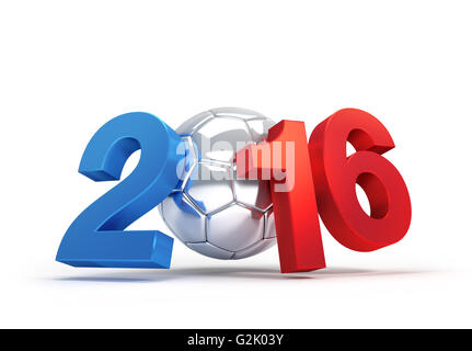 L'année 2016 illustré avec un ballon de soccer d'argent, drapeau Français colorés, isolated on white Banque D'Images