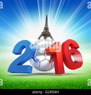 L'année 2016, aux couleurs du drapeau français, l'illustre avec un ballon de foot en argent et allumé sur un champ d'herbe Banque D'Images