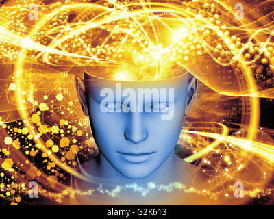 Interaction de la tête humaine et éléments symboliques sur la question des droits de l'esprit, la conscience, l'imagination, la science et la créativité Banque D'Images