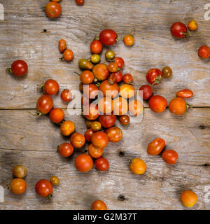 Les produits frais biologiques Tomates cerises cueillies sur une vieille table Banque D'Images