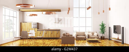 Appartement loft moderne Panorama de l'intérieur, salon, cuisine, salle à manger 3D Rendering Banque D'Images