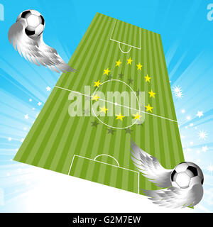 Flying ballons de soccer avec les étoiles jaunes sur Star Burst avec ciel de ballons avec des ailes Banque D'Images