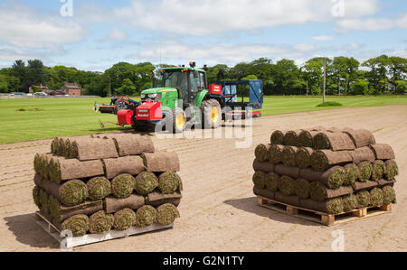 Brouwer RoboMax Sod rouleau automatique de récolte récolteuse turf dans le Lancashire, Royaume-Uni. Culture commerciale de gazon, vert, herbe, nature, pelouse, croître, plante, la croissance, l'arrière-plan, champ, pré, printemps, été, Jardin, naturel, l'environnement, sur les terres louées en tant que culture de rotation. Il y a toujours une forte demande pour les sports turf à stades, terrains de golf et autres installations dans tout le pays et l'essor de nouvelles constructions est la création d'une demande qui implique d'augmenter les superficies ont été réalisés en prairies cette année. Banque D'Images