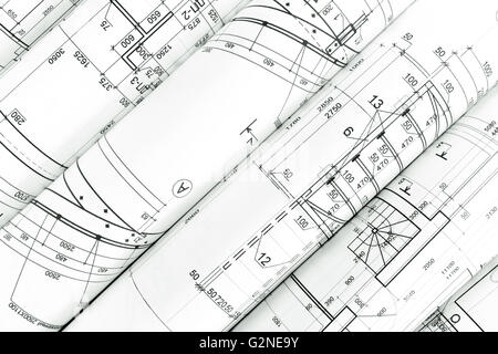 Rouleaux de dessins techniques et projets d'architecture, fond architectural Banque D'Images