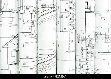 Rouleaux de dessins techniques et projets d'architecture, fond architectural Banque D'Images