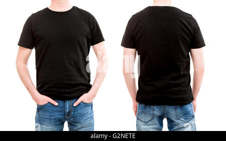 Maillot noir tshirt maquette modèle les hommes en blanc - stock image Banque D'Images