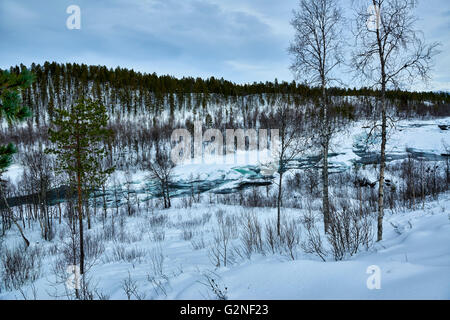 Chute d'Malselvfossen couverte de neige en hiver, Bardufoss, Troms, Norvège, Europe Banque D'Images