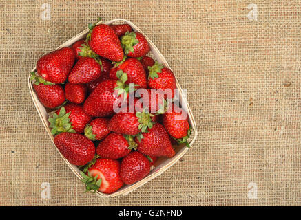 En bois, en osier panier plein de fruits rouges moelleux fraises d'été sur fond de toile de jute jute, vue du dessus Banque D'Images