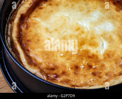 Gâteau au fromage fait maison chaud dans la cuisson moule frais hors du four Banque D'Images