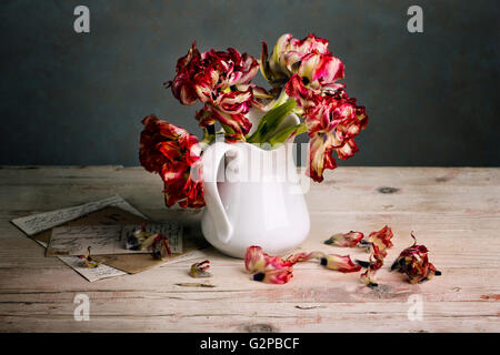 Nature morte avec fleurs tulipes rouges en porcelaine peuvent Banque D'Images